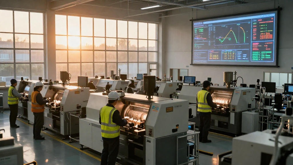 Wide-angle shot of a bustling manufacturing floor at sunrise, with machines humming, workers in safety gear, and a digital overlay of real‑time equipment health dashboards projected on a wall.