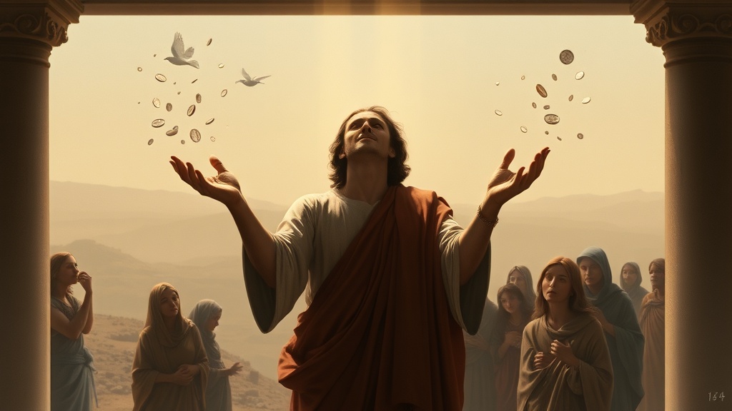 A contemplative allegorical scene suggesting transformation of money into growth