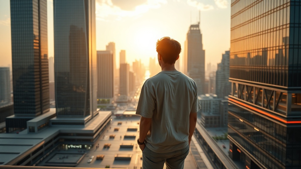 A modern rooftop scene suggesting hopeful contemplation about the city and future
