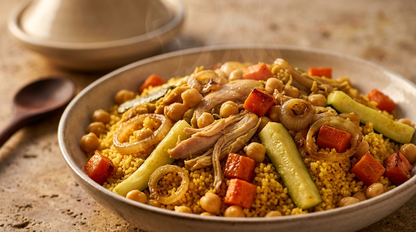 Couscous du soleil : poulet fondant et légumes colorés