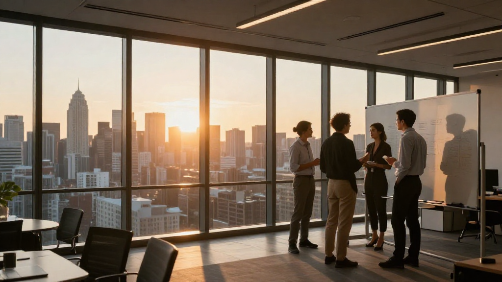 Modern open‑plan office with a team brainstorming around a whiteboard