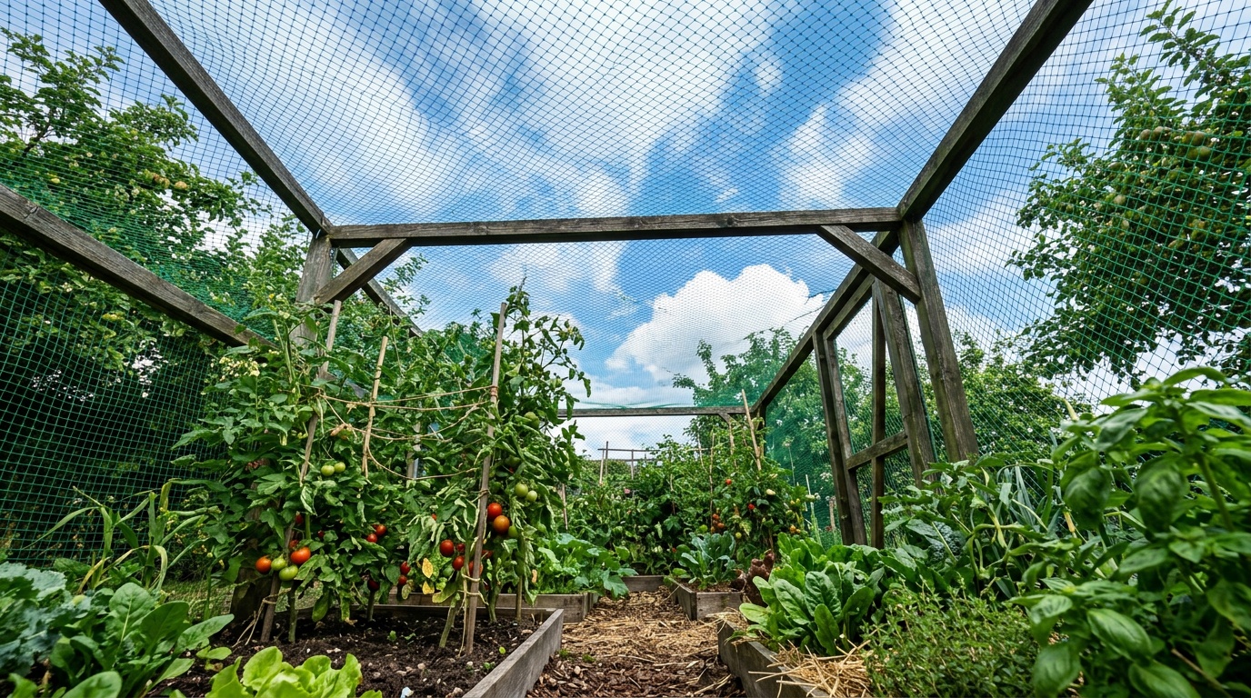 Bird netting on wooden frame structure protecting vegetable garden and tomato plants from birds