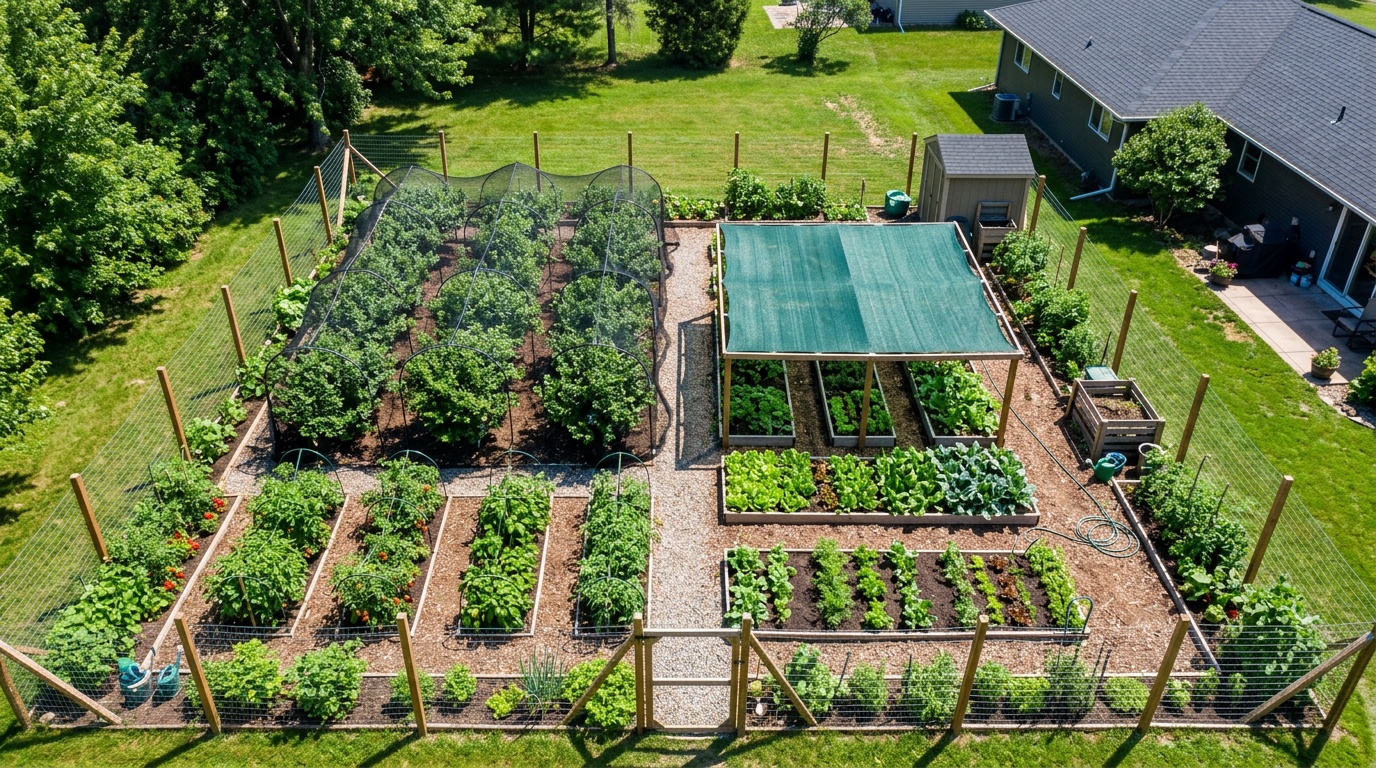 Garden with protective netting over raised beds, shade cloth, and deer fencing