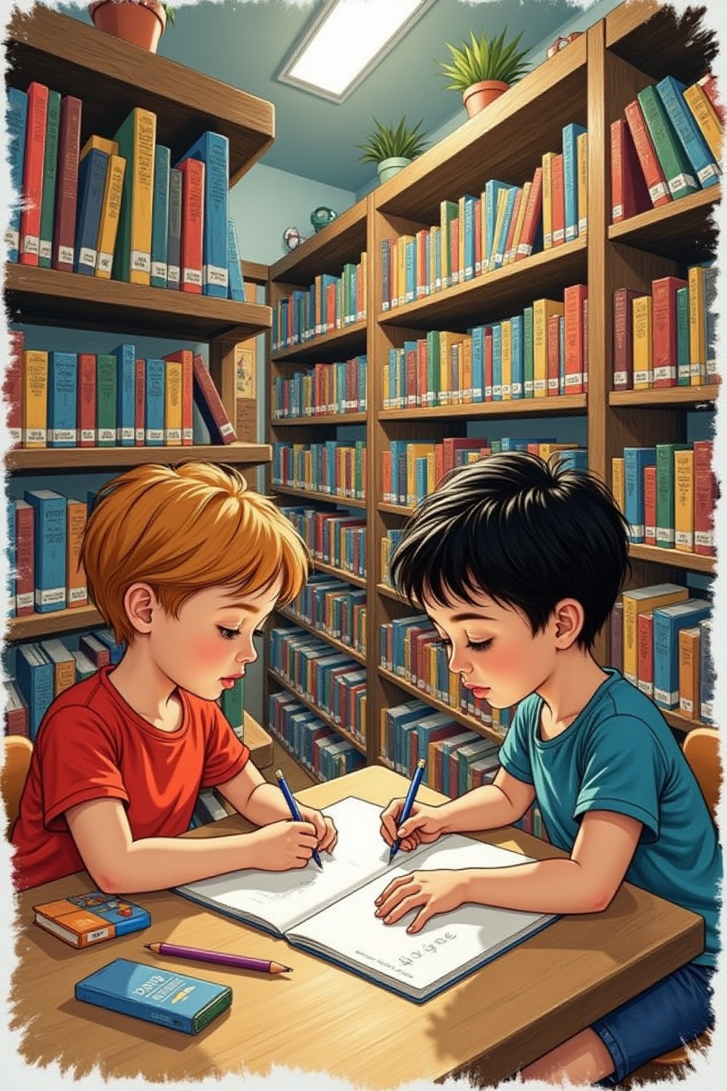 ninos-en-una-biblioteca-dibujando-con-colores-q4jx4mpfsr