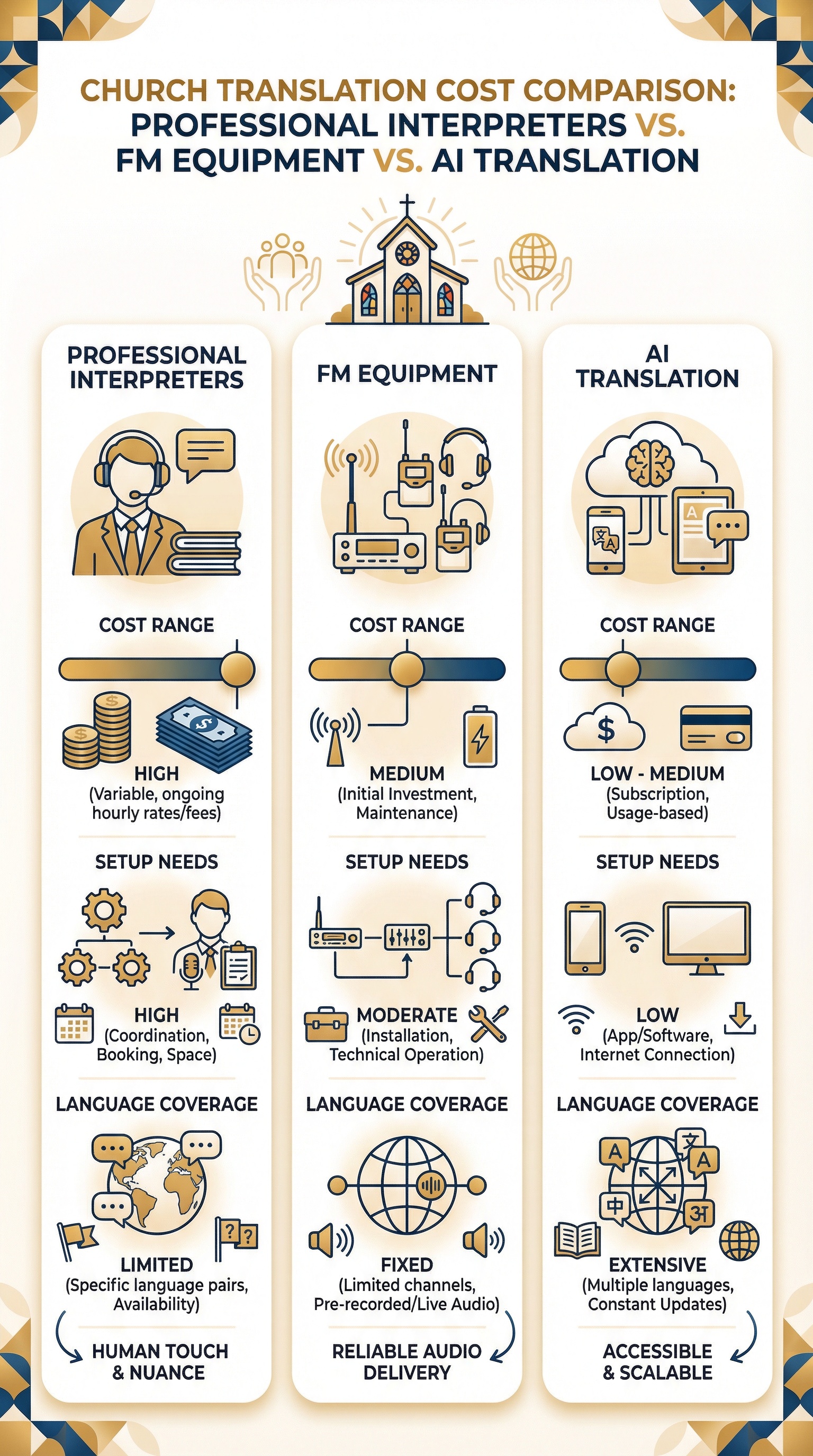 Church translation cost comparison infographic showing professional interpreters vs FM equipment vs AI translation platforms