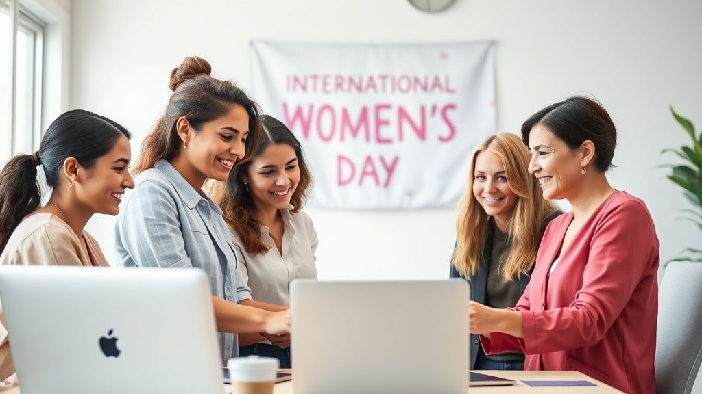 Bright, inclusive office scene with diverse women collaborating on a project, celebrating International Women's Day
