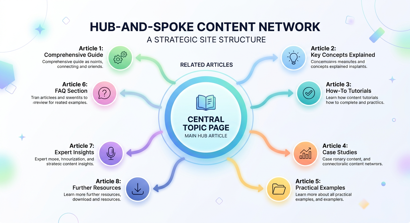 A clean modern illustration of a hub-and-spoke content network showing one central page connected to multiple related arti...