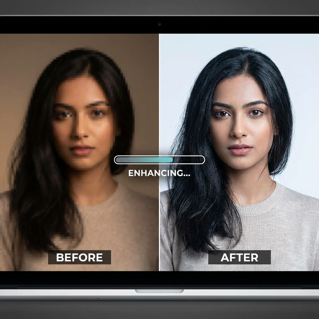 Before-and-after AI photo enhancement comparison showing portrait quality improvement