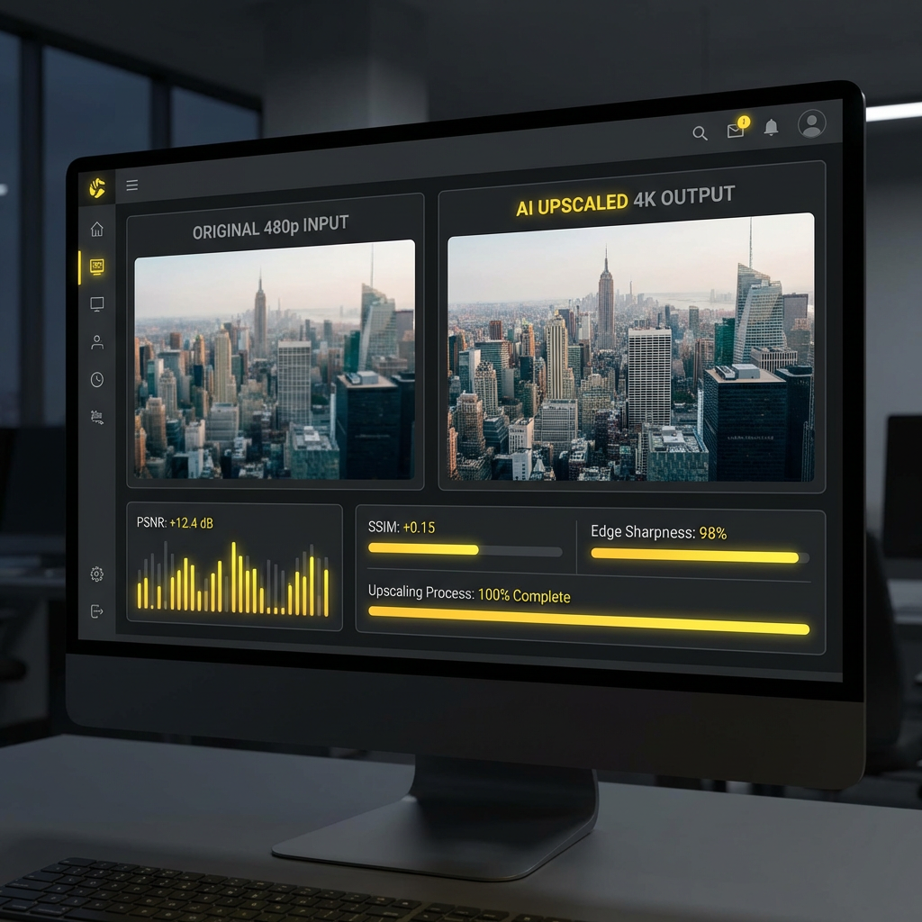 AI photo quality comparison dashboard with upscaling metrics