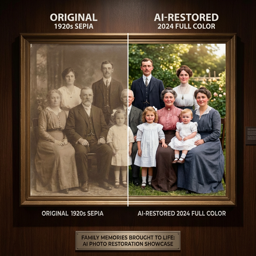 AI-restored vintage photograph with vivid color restoration