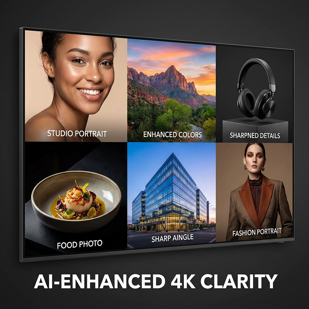 Multiple AI-enhanced photo styles including portrait, landscape, and product photography