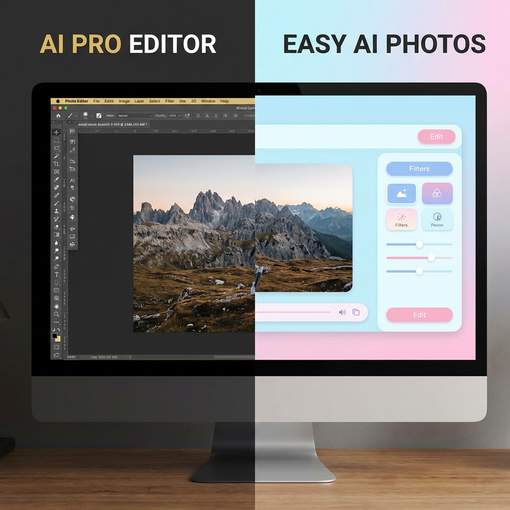 AI photo editor interface comparison showing dark professional design versus simple pastel editor