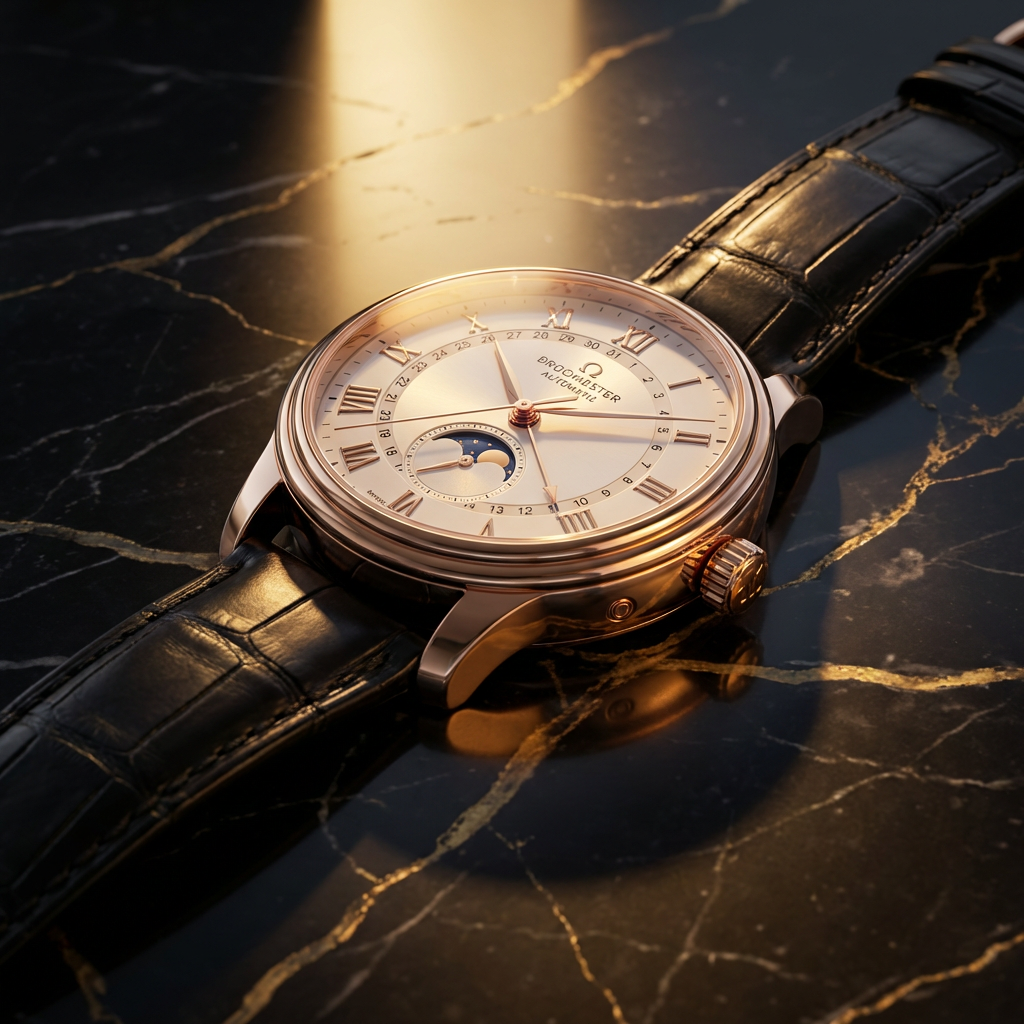AI-generated luxury watch product photography with dramatic studio lighting on dark marble
