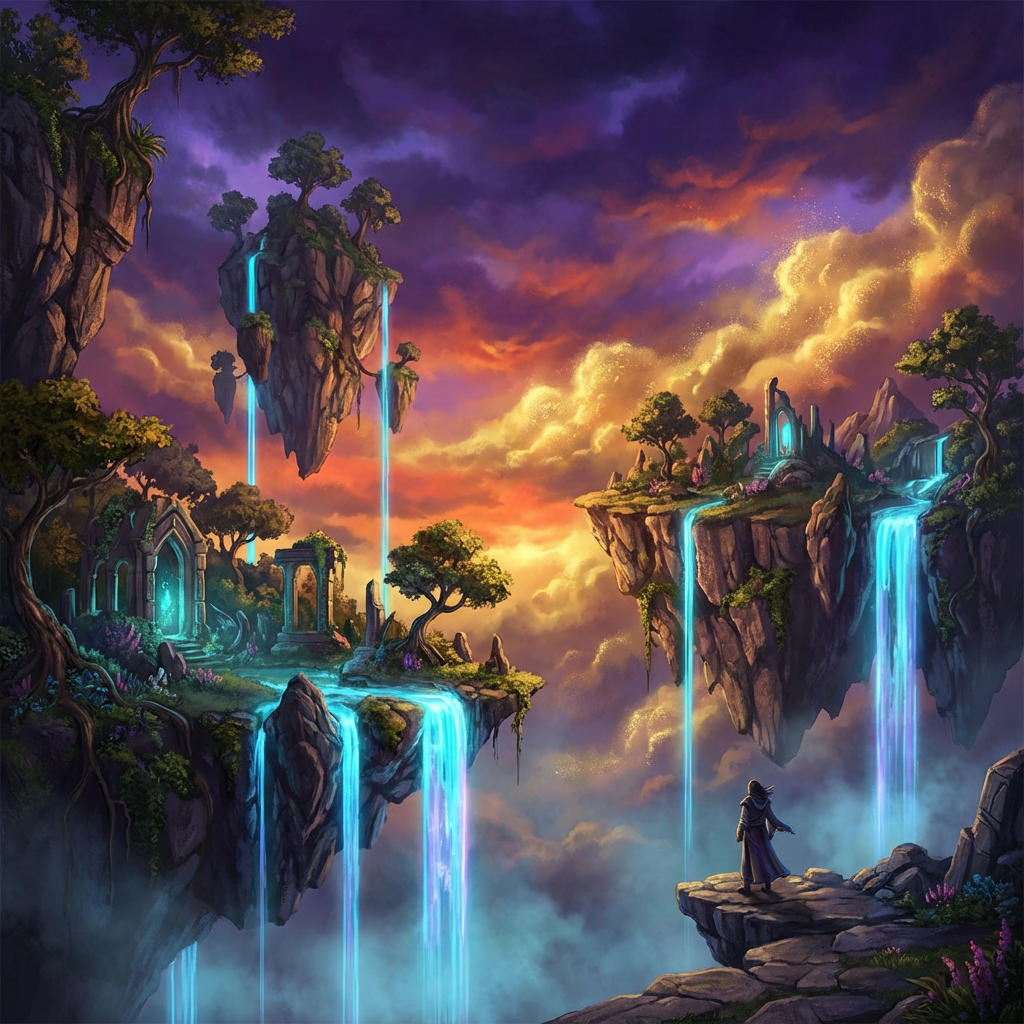 AI-generated fantasy landscape with floating islands and bioluminescent waterfalls