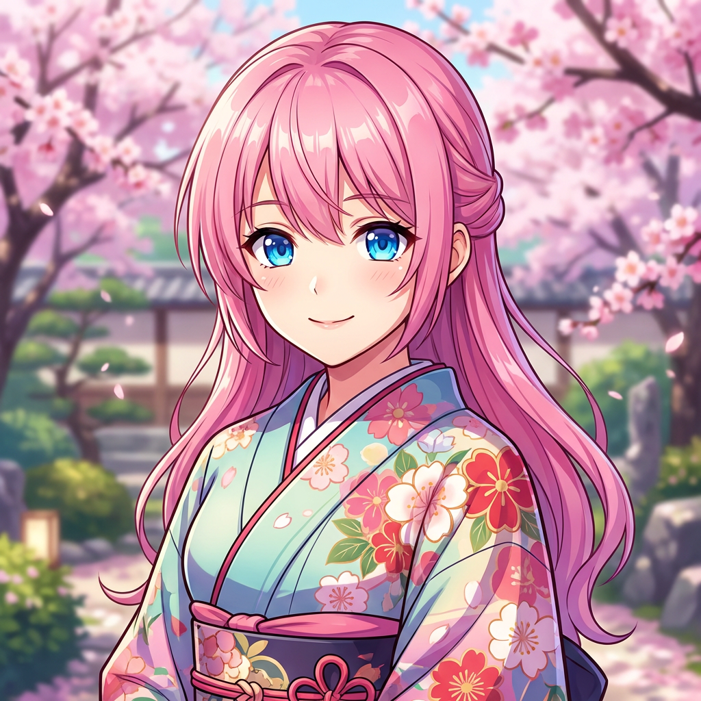 AI-generated anime character portrait with vivid cel shading and cherry blossom background