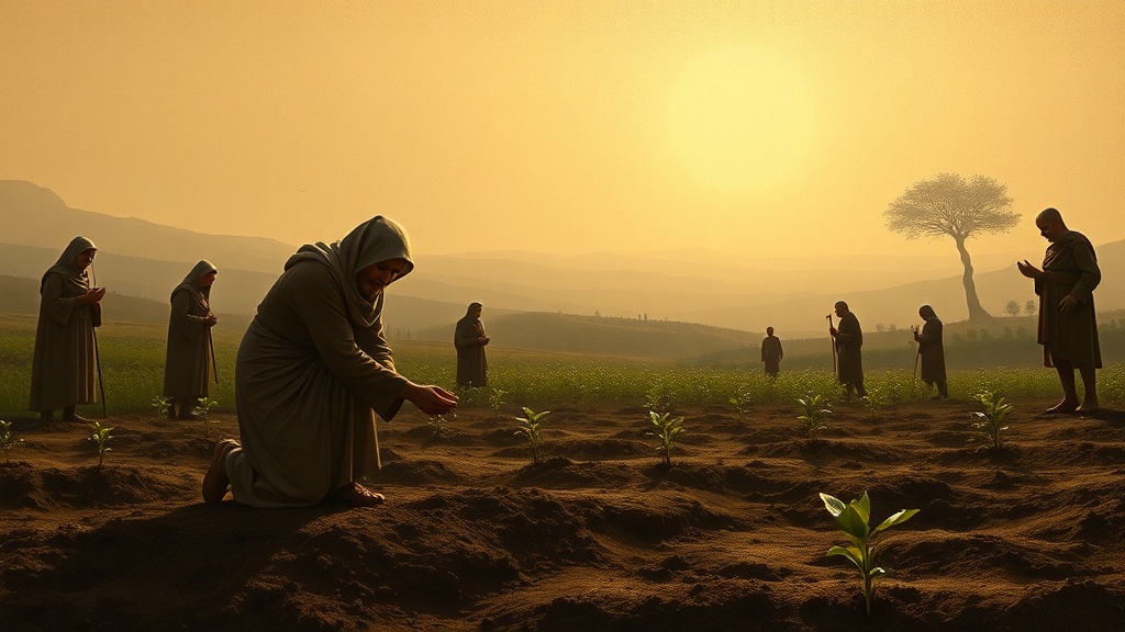 Allegorical planting scene, seed growing into canopy