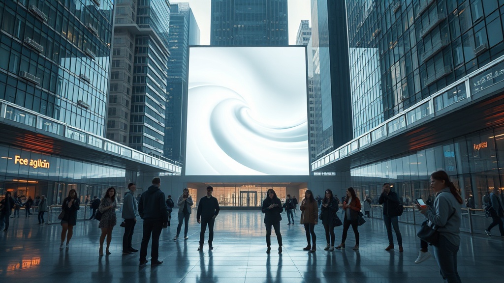 City plaza with abstract billboard ripple motif