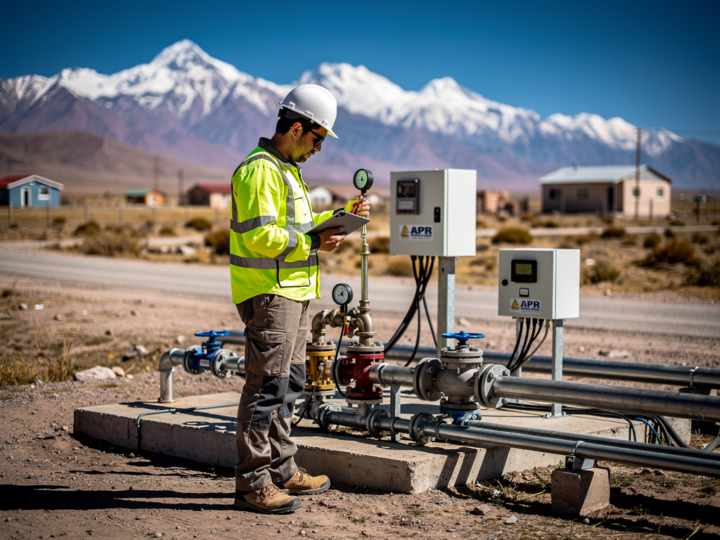 Técnico de APR inspeccionando un sistema de agua potable rural en los Andes