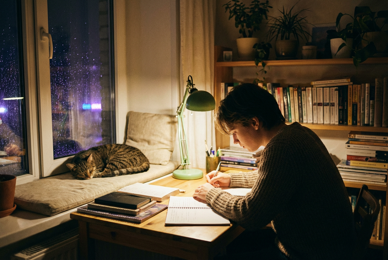 Lo-fi anime study room at night