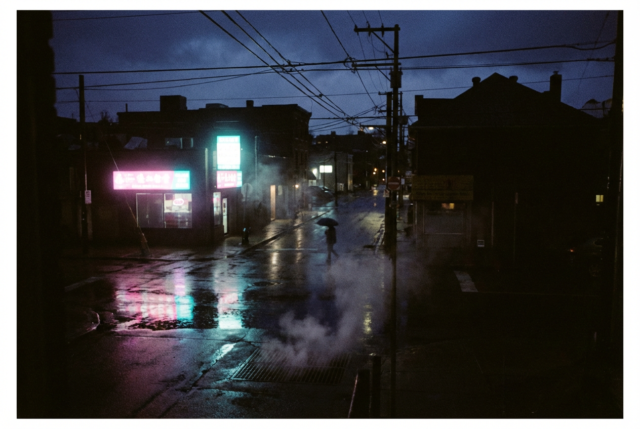 Rainy neon city street at night lo-fi style