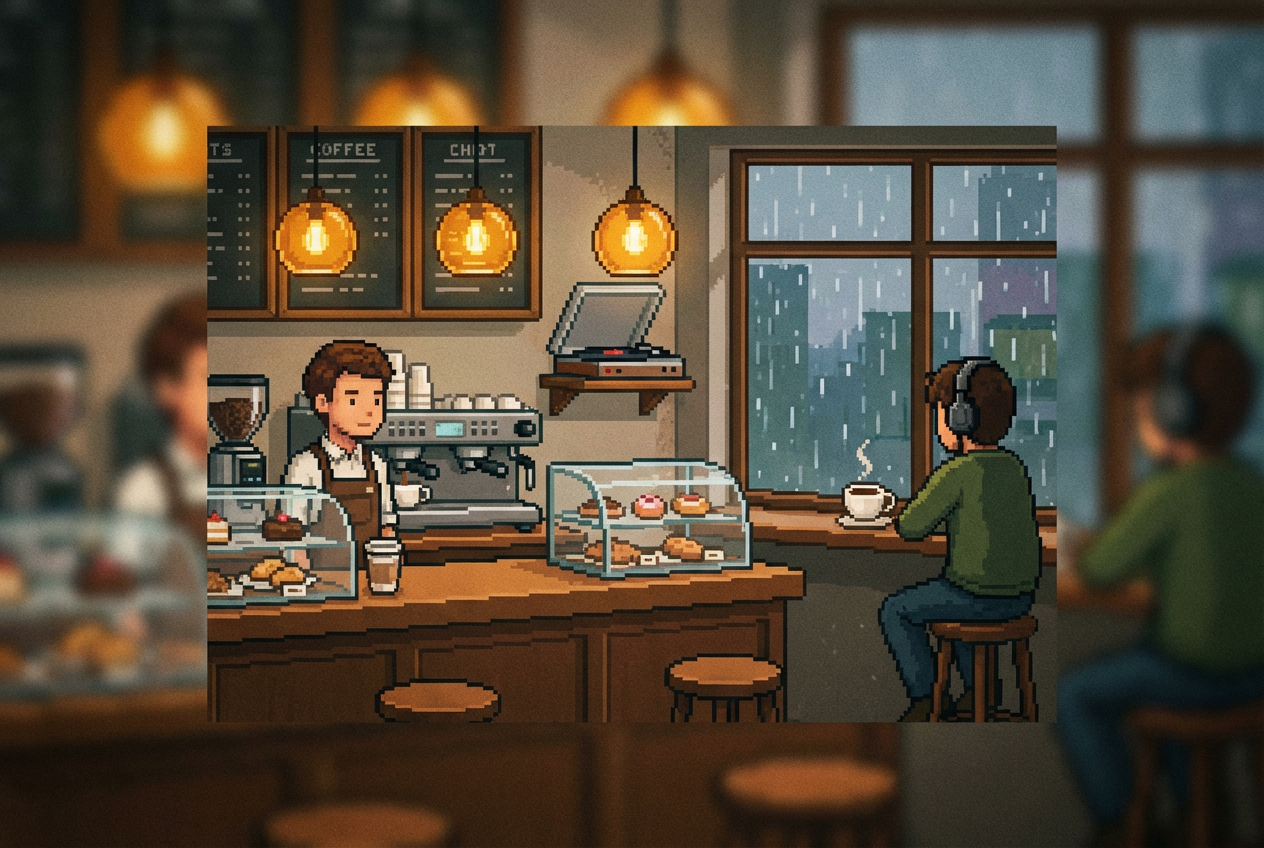 Pixel art coffee shop lo-fi scene