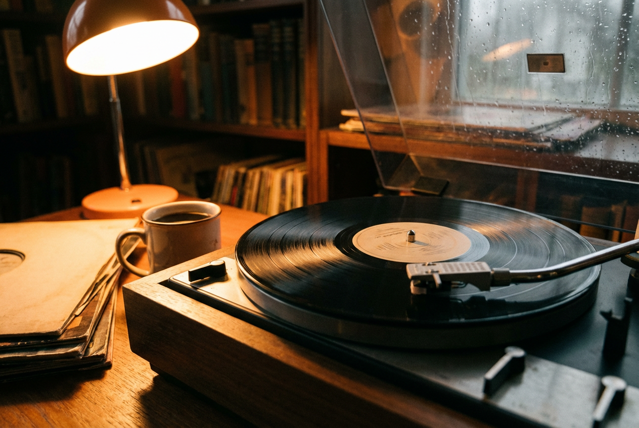 Close-up of a vinyl record spinning in a cozy room