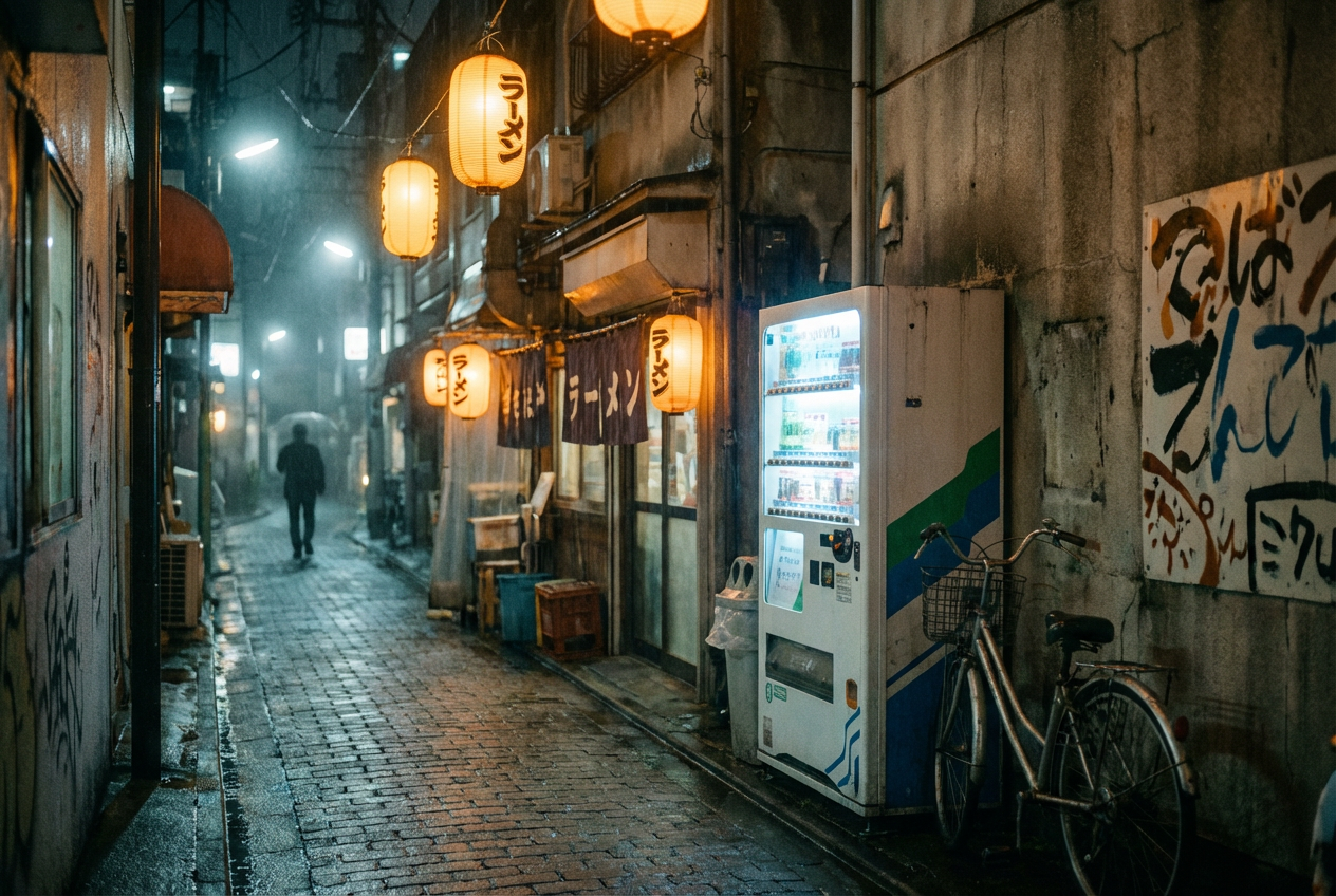 Nighttime Tokyo alley with warm lanterns and vending machines