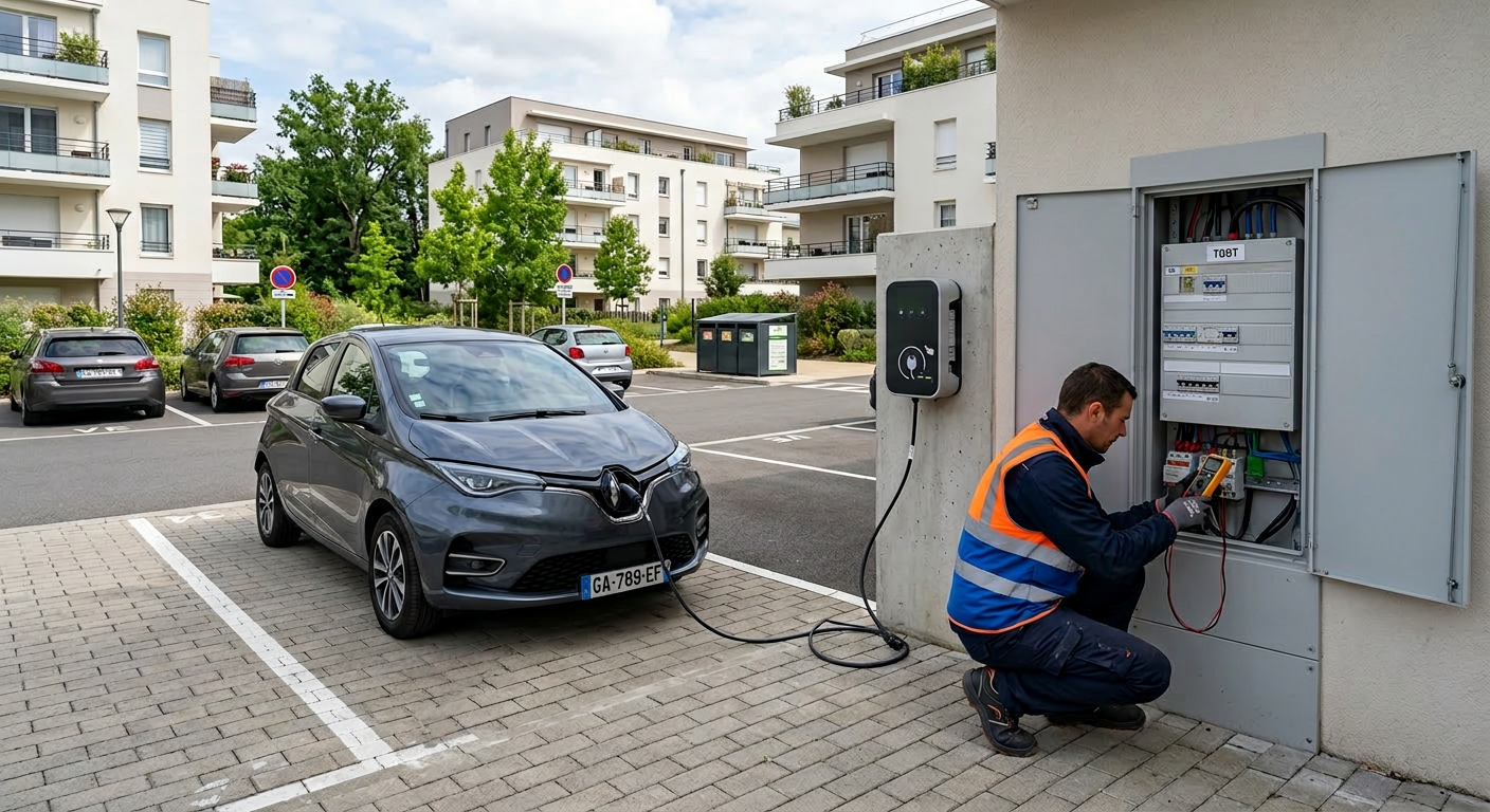 Borne de recharge électrique IRVE installée dans un parking de copropriété moderne avec un véhicule en charge et un électricien à proximité.