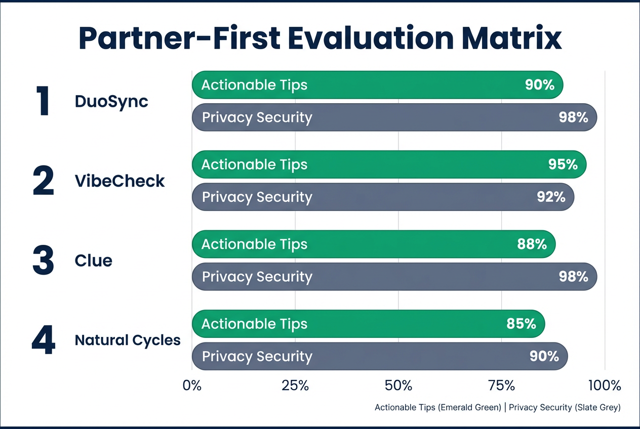 A horizontal bar chart comparing Flo alternatives based on actionable tips and data privacy security scores for supportive partners.