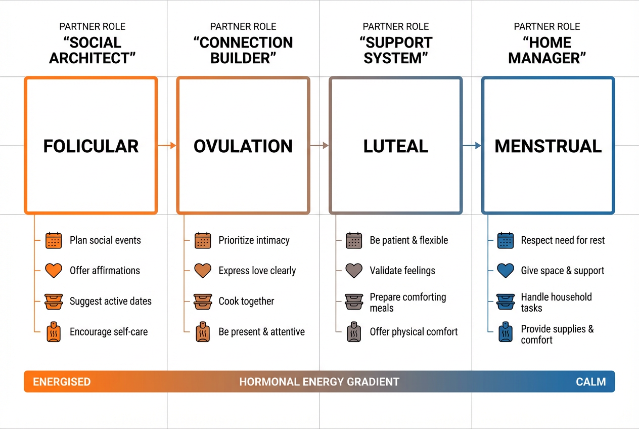 A four-phase cycle syncing guide for men showing specific partner roles and tasks for the follicular, ovulation, luteal, and menstrual phases.
