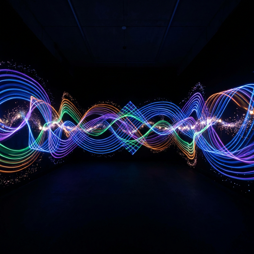 Abstract AI music visualization with colorful sound waves and electric particle effects flowing through dark space