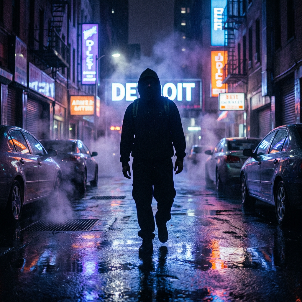 Cinematic hip hop AI music video scene in a neon-lit city at night with rain-soaked streets and colorful reflections