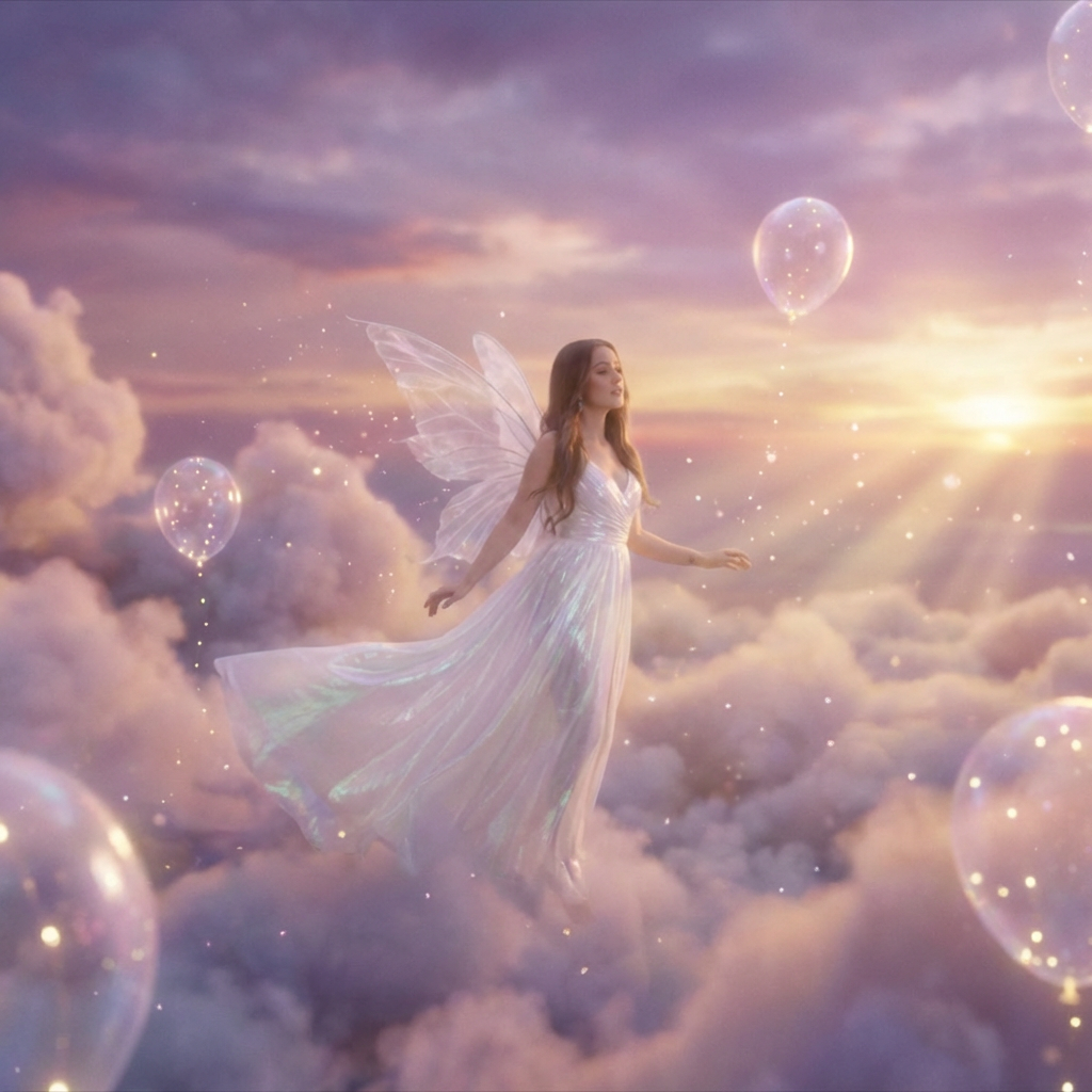 Ethereal dreamy AI music video scene with a singer floating through clouds at sunset, soft golden and pastel tones