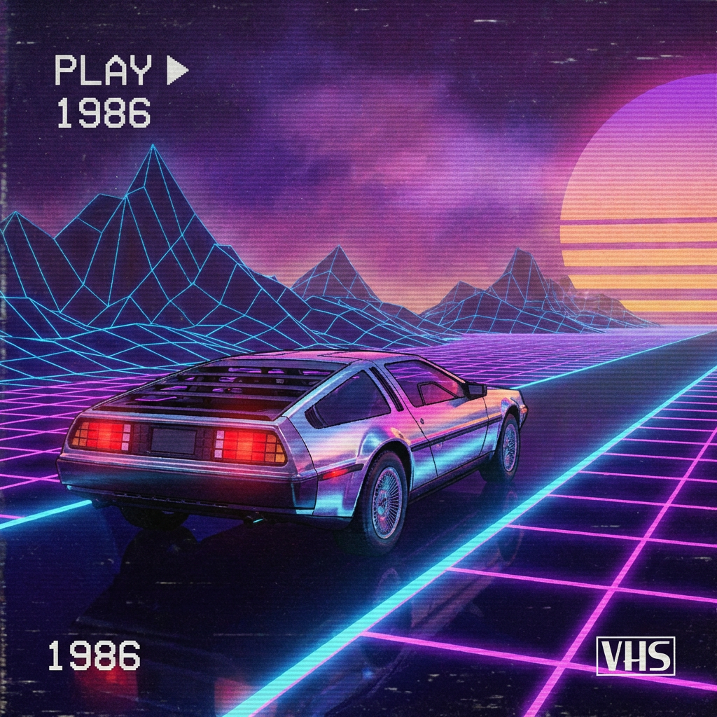 Retro synthwave AI music video scene with 80s neon grid landscape, purple sunset, and chrome sports car