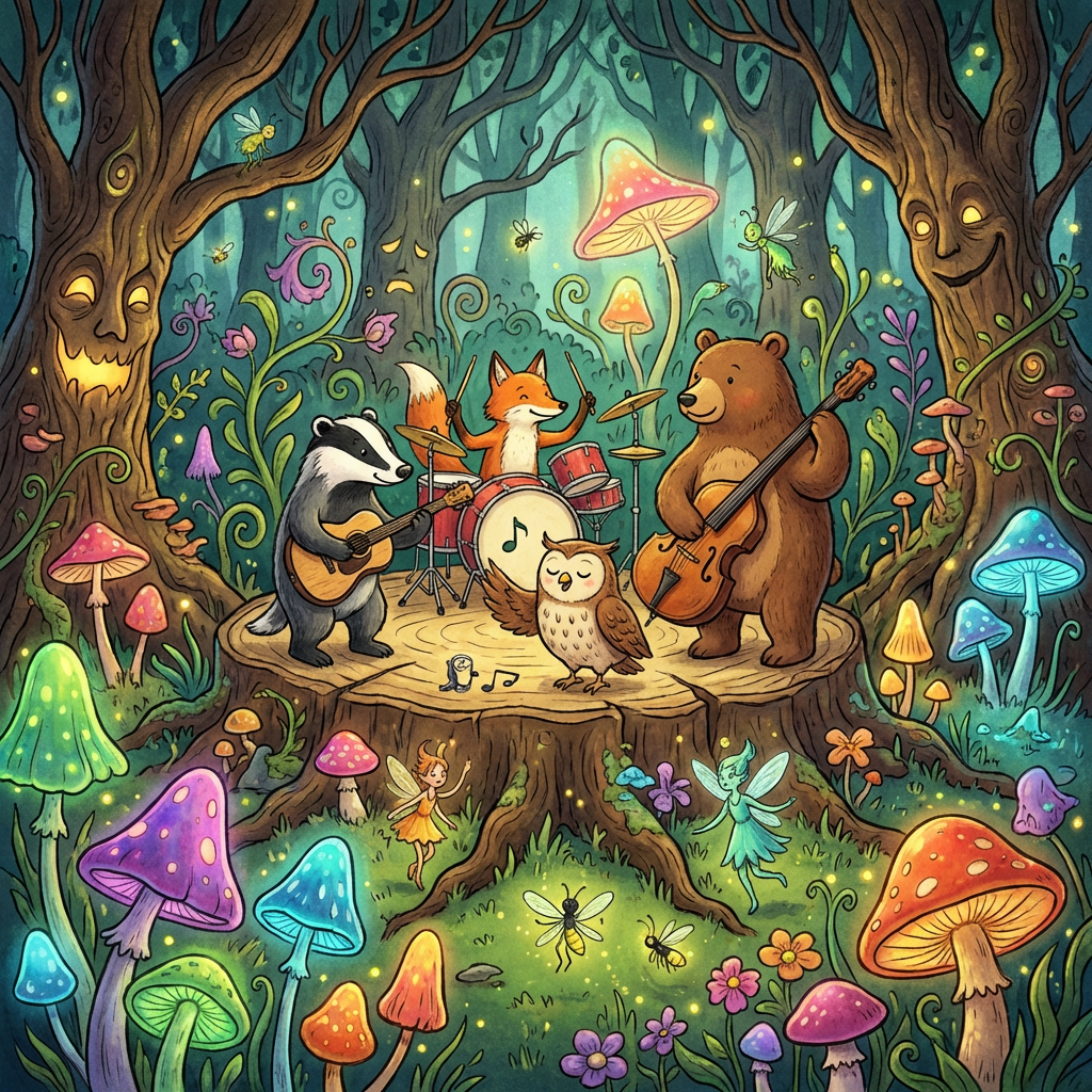 Animated AI music video scene with a cartoon band playing instruments in a magical glowing forest