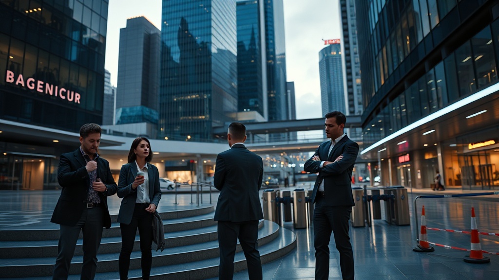 A cinematic, photorealistic movie-still set in a contemporary 2025 urban environment showing office workers in a plaza engaged in a tense conversation, suggesting themes of workers' right to rest and dignity.