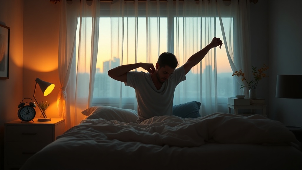 Man stretching in a cozy bedroom at dawn, alarm clock showing 6:30 AM, indicating optimal spring sleep schedule
