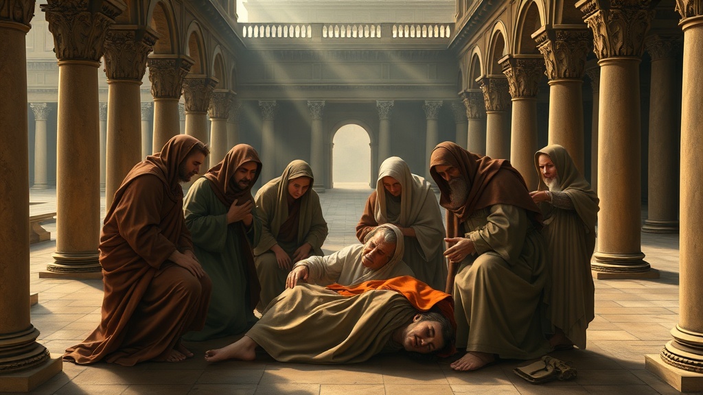 A compassionate, parable-like scene of a wounded traveler tended by caregivers