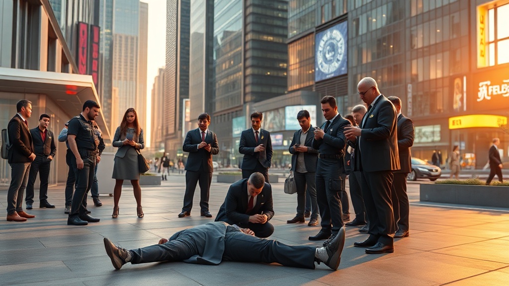 Photorealistic scene of responders caring for an injured person in an urban plaza