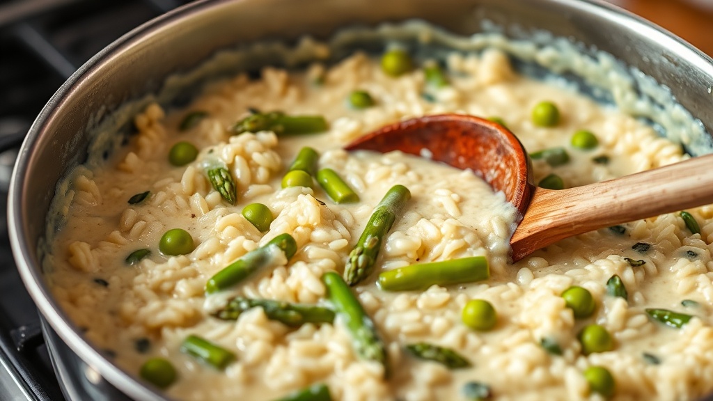Stovetop pan with creamy asparagus risotto being stirred, bright green asparagus pieces visible, wooden spoon, warm kitchen lighting