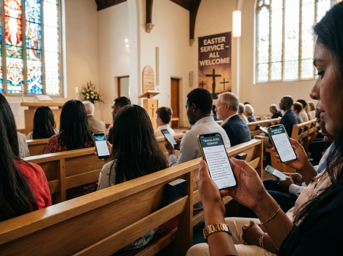 Diverse church congregation members using smartphones for translated sermon during Easter service