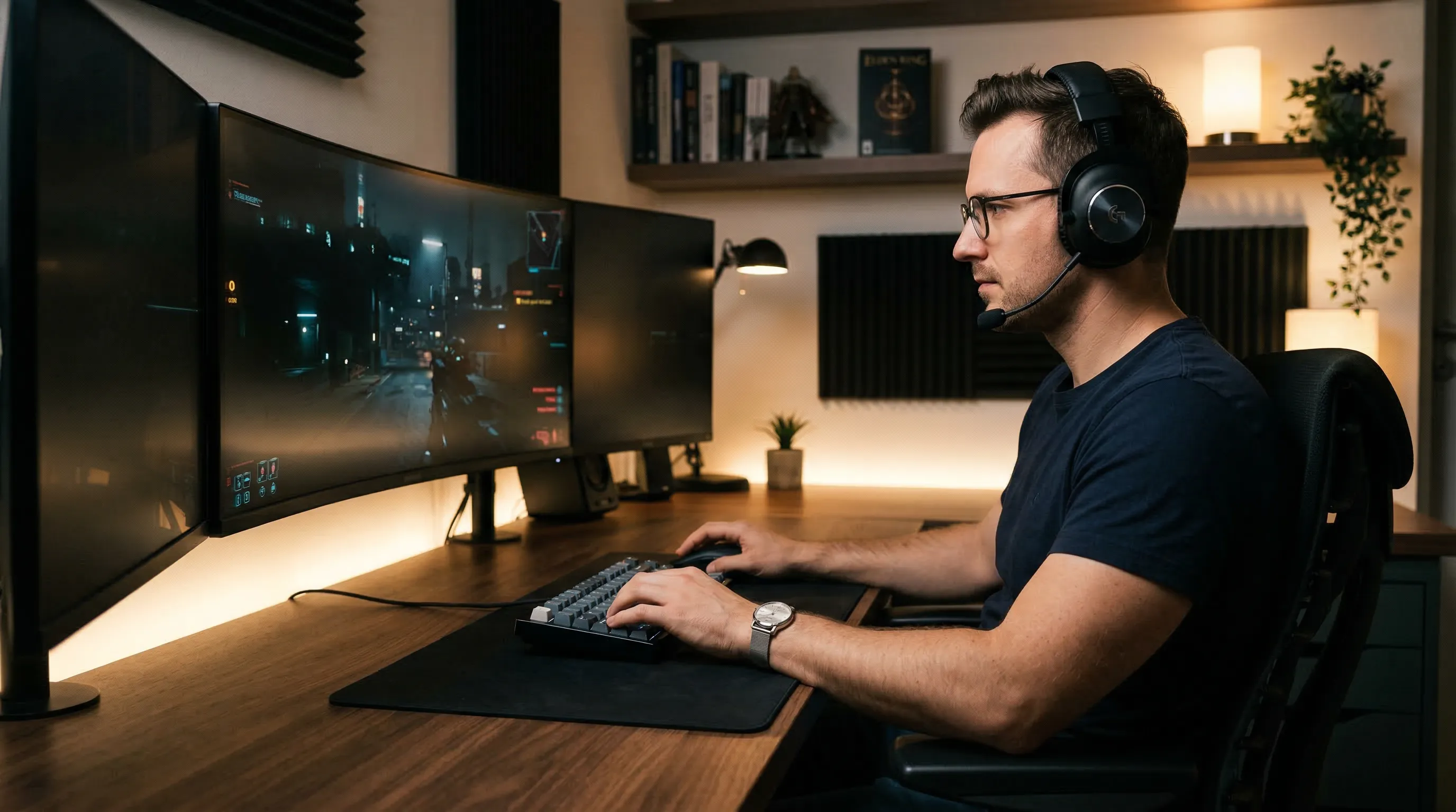 Lifestyle editorial photograph of a focused gamer in a premium home studio