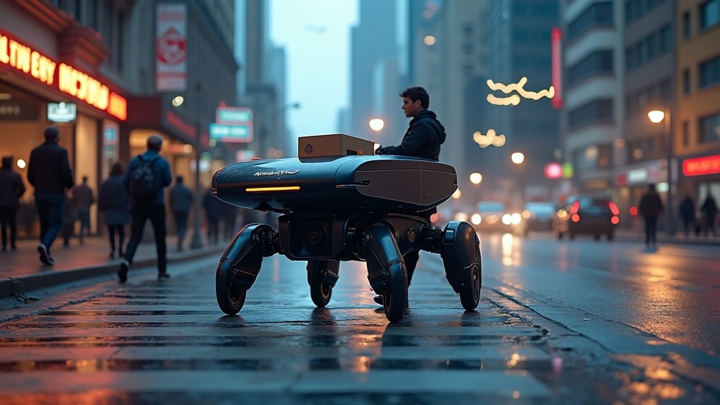 Un robot de reparto Rivr Amazon de cuatro patas navegando por una acera urbana.