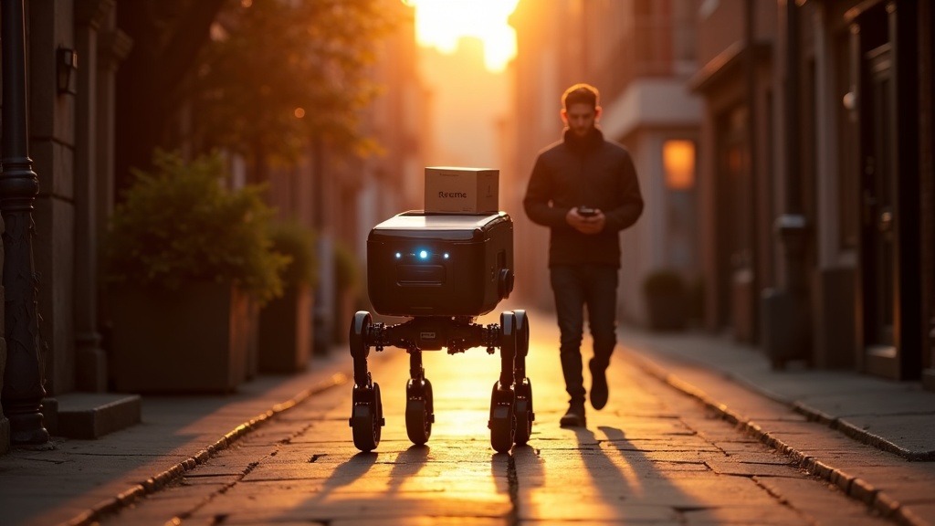 Vista detallada del mecanismo de las patas de un robot cuadrúpedo de Rivr para reparto.