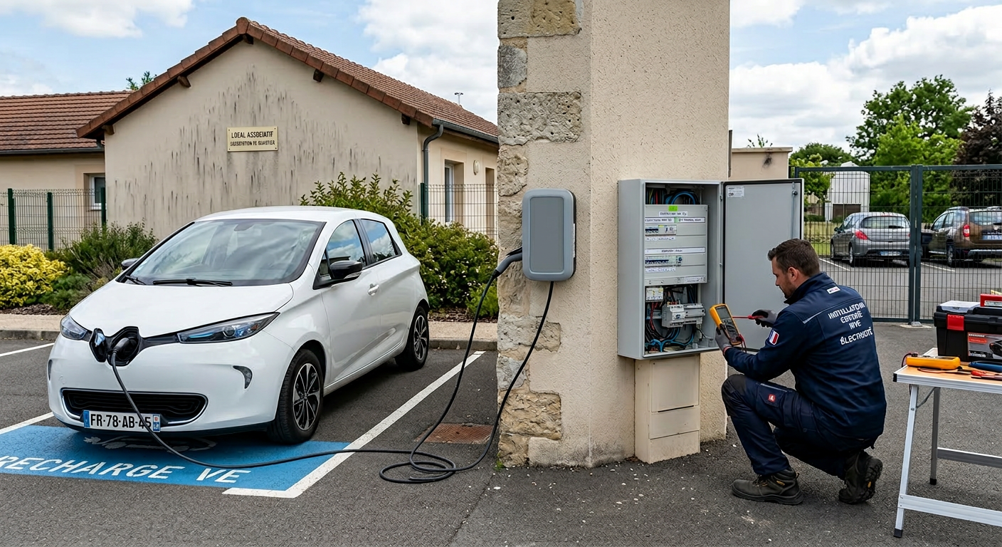 Borne de recharge électrique IRVE installée dans un parking privé avec un installateur vérifiant le tableau électrique à proximité