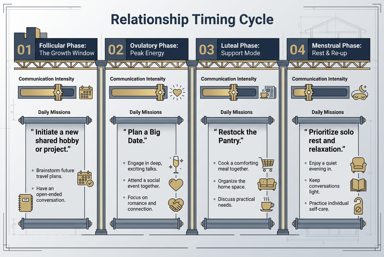 An infographic titled Relationship Timing Cycle mapping four hormonal phases to specific partner missions like Plan a Date or Restock the Pantry.