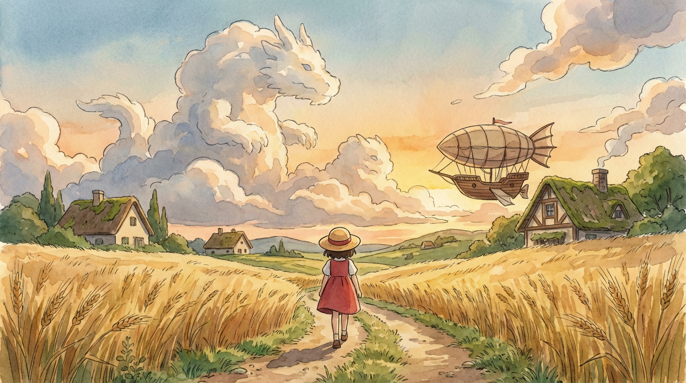 Magical Studio Ghibli style countryside landscape with a young girl walking through golden wheat fields, warm afternoon sunlight, hand-painted watercolor aesthetic