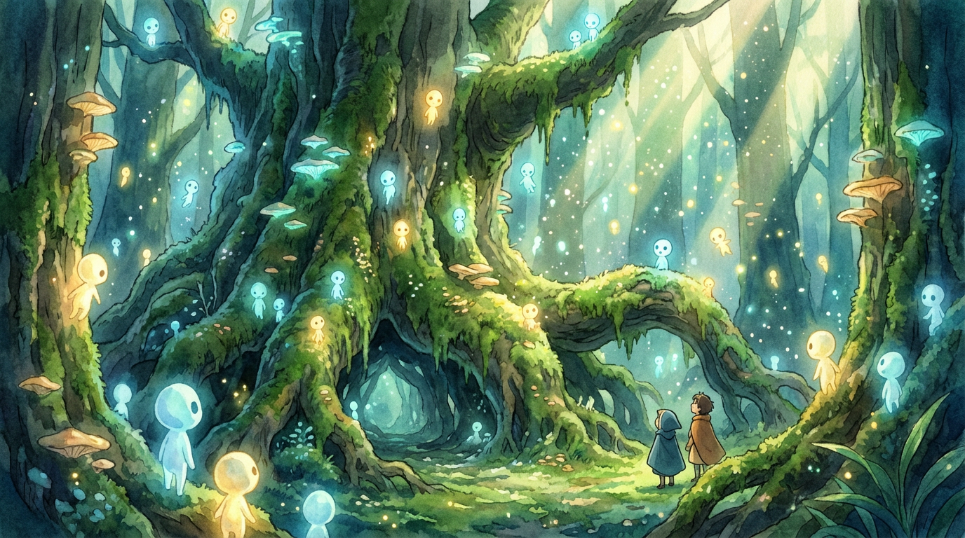 Studio Ghibli inspired enchanted forest with glowing spirits and a moss-covered ancient tree, magical particles floating in sunbeams