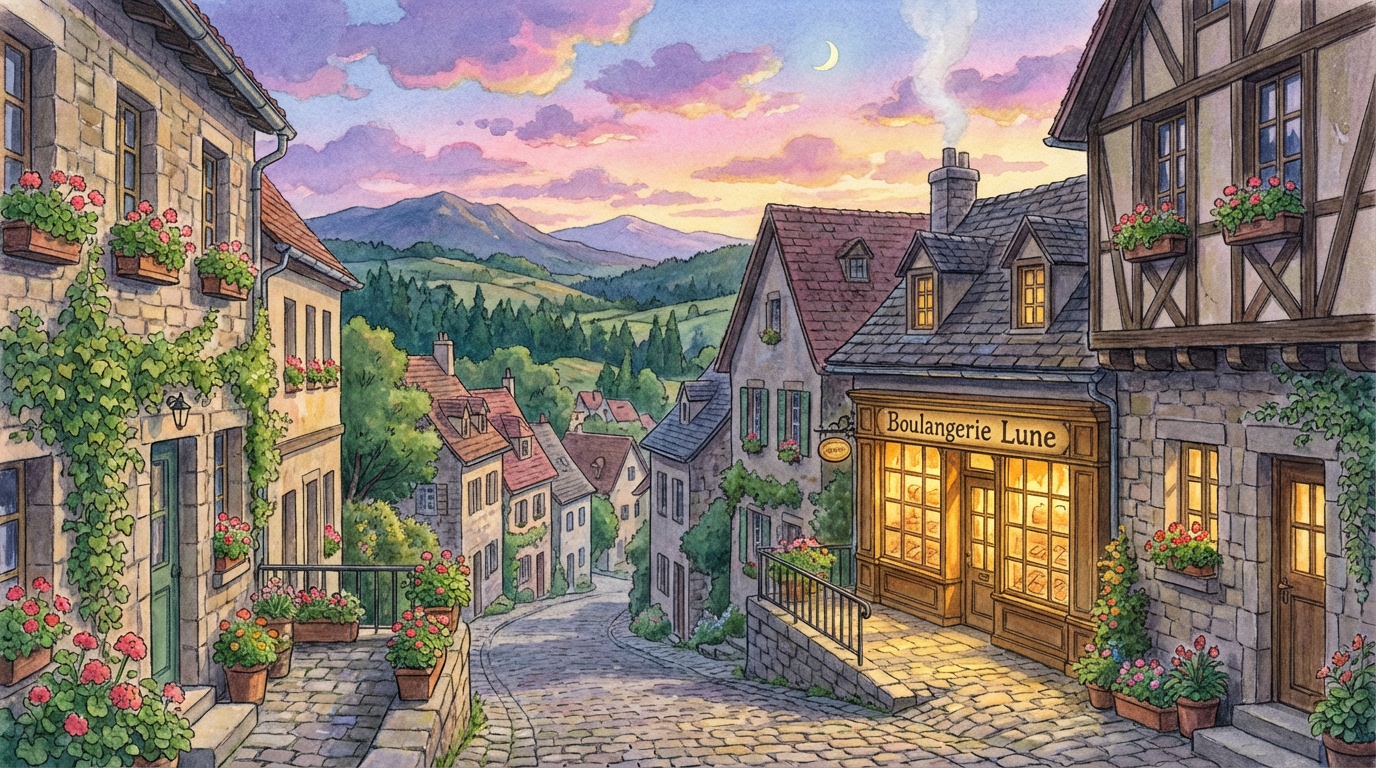 Ghibli style cozy European village on a hillside with cobblestone streets, flower boxes on windows, evening sky with pink and purple clouds
