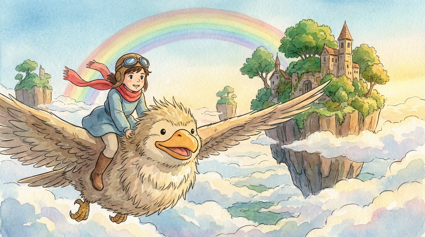 Ghibli style flying scene with a girl riding a giant friendly bird above cloud layers, distant floating islands, rainbow light